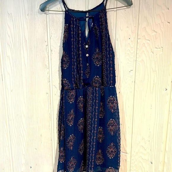 Blue RAIN TEAL SPAGHETTI STRAP  3D DRESS ELASTIC WAIST SIZE SMALL made in USA - Picture 1 of 13